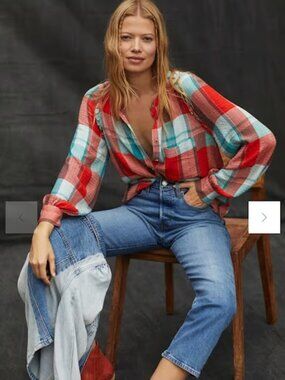 ANTHROPOLOGIE PILCRO Women’s Breezy Plaid Gauze Top Red Blue XL